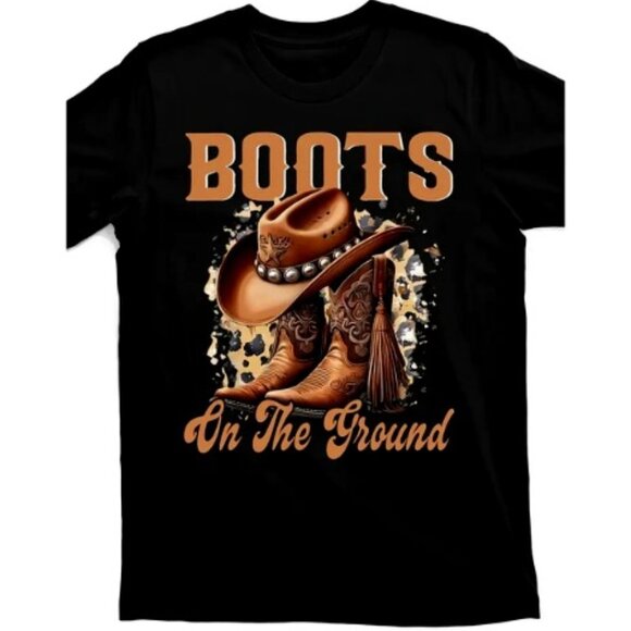 "Boots on the Ground" Unisex Western Cowboy Style 100% Cotton T-Shirt XL Black - Picture 1 of 5